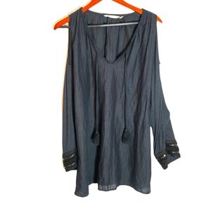 Soft Surroundings. Navy cold shoulder blouse with beautiful beading on sleeves